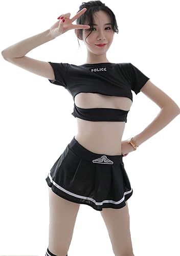 Amazon コスプレ セーラー服 セクシー 応援団 チアガール コスチューム 半袖 エロ 可愛い レディース 女子高生 制服 ポリス コスプレ ミニ スカート 過激 フリーサイズ ランジェリー Tバック ストキング 4点セート ブラック 60kg以下 コスプレ 仮装 通販