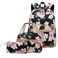 KaixinRoom 3 Pcs Backpack Set Teen Girls Floral Print School Bags USB Laptop Daypack Portable Lunch Bags Purse (Black)