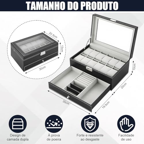Gavzrt Caixa de Relógio com 12 Compartimentos, Caixa para Relogio, Porta Relógio Masculino, Porta Joias Masculino, Caixa de Exibição de Relógio de 2 Camadas com Tampa de Vidro Grande, Caixa de Joias