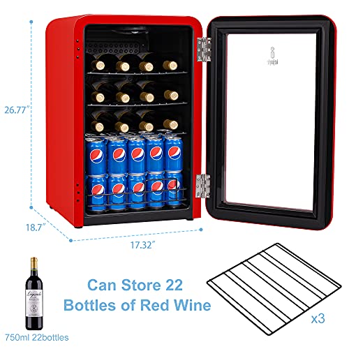 Retro Wine Cooler Refrigerator Red Mini Fridge Wine Cellar with Glass