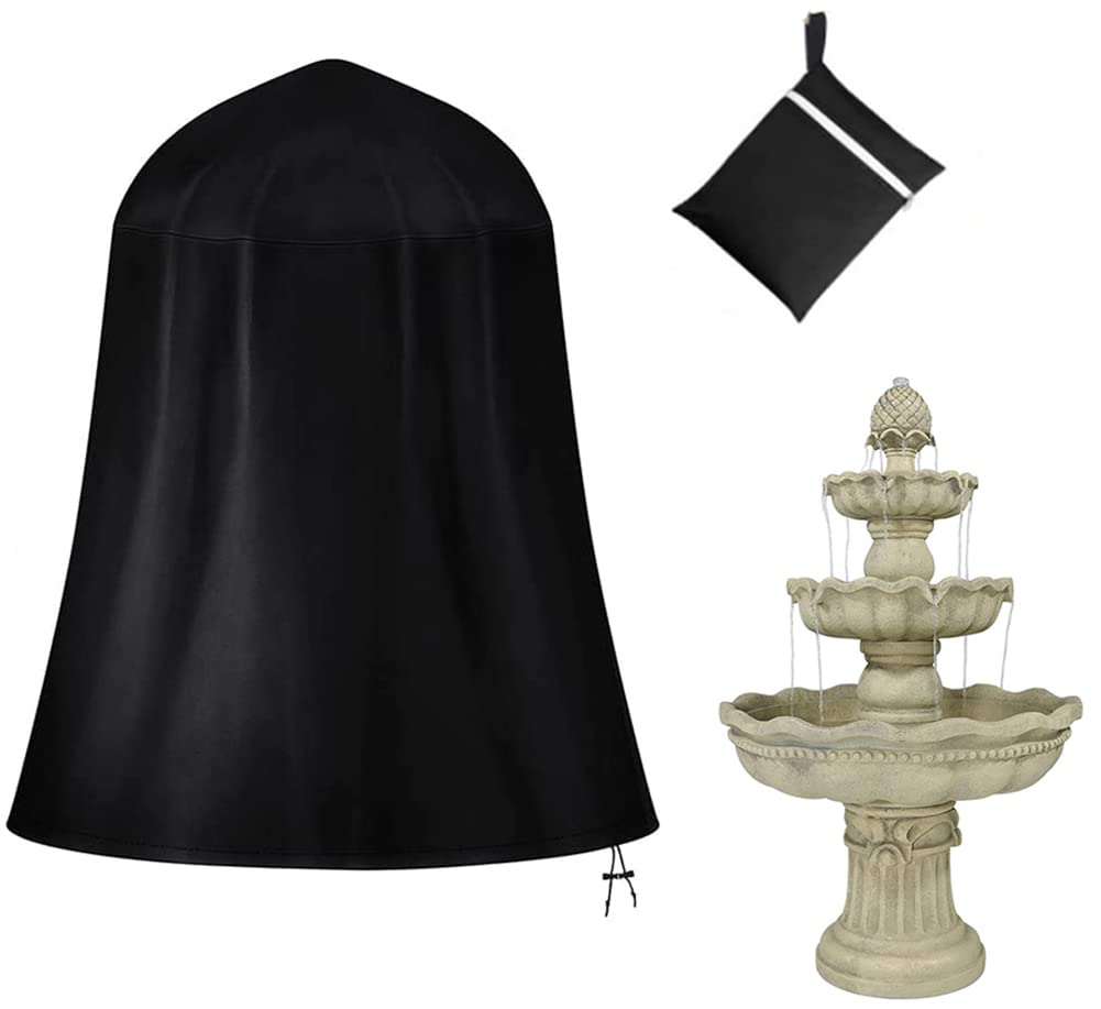 Garden Fountain Cover COOSOO Heavy Duty Waterproof Dustproof Fountain Protective Cover with Elastic Locking Drawstring for Winter Outdoor Courtyard Garden Fountain Statue Water Features