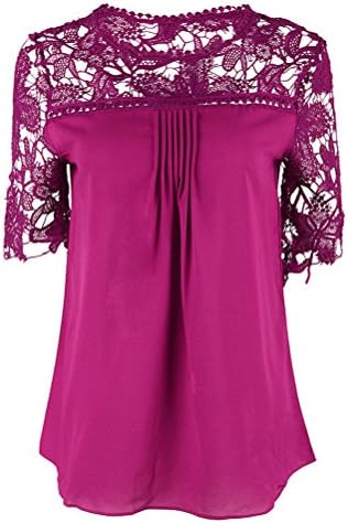 My Wonderful World Women's Lace Chiffon T Shirt Stitching Blouse Hollow Out Tops RoseRed 3X-Large