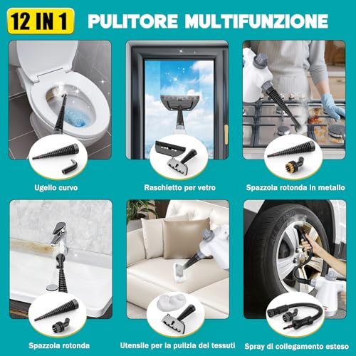 Rolipo Pulitore a Vapore Portatile, Pistola a Vapore Multifunzione Per Uso Domestico, Pressurizzato Con 12 Accessori e Blocco Di Sicurezza, Per La Pulizia Di Cucina, Bagno, Fughe, Finestre, Grasso
