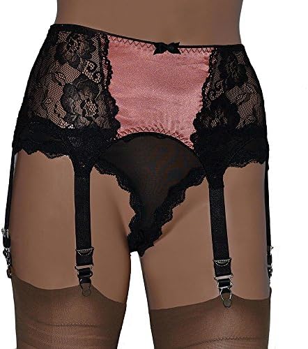 Swanky Pins Retro Style 6 Strap Suspender Garter Belt in Black Lace with Satin Front in Dark Peach