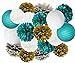 Furuix Big Size White Teal Grey Gold 10inch 8inch Tissue Paper Pom Pom Paper Lanterns Mixed Package for Teal Themed Party Wedding, Bridal Shower Decor Teal Blue Baby Shower Teal Wedding Decoration