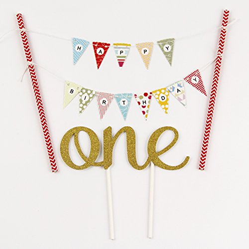 KUNGYO One 1ST Happy Birthday Cake Bunting Banner Small Pink Pennant Flags And Golden"One" Cake Topper