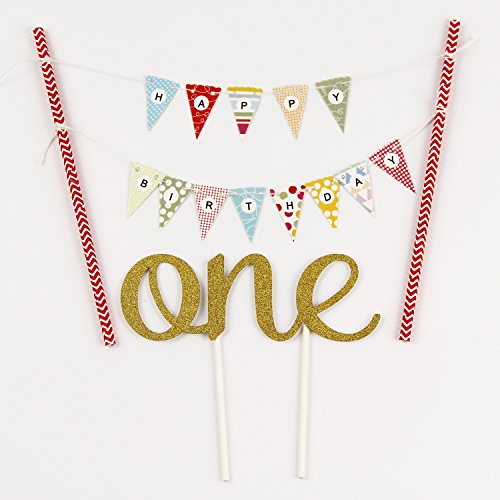 KUNGYO One 1ST Happy Birthday Cake Bunting Banner Small Pink Pennant Flags And Golden