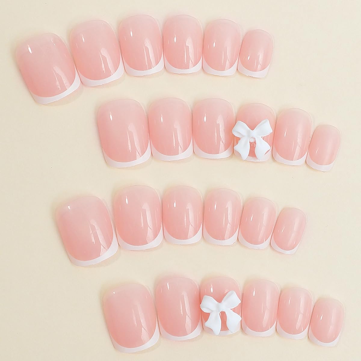 Pink Press on Nails Short Square Fake Nails White French Tip Full Cover Glue on Nails Solid Color Glossy Nude Pink Designs Cute False Nails Stick on Nails for Women Girls Acrylic Manicure Salon 24Pcs - Image 2