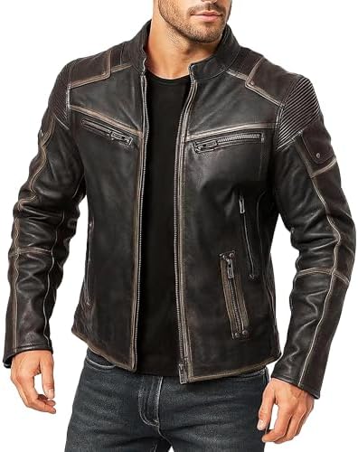 Men Moto Cow Hide Motorcycle Real Leather Jacket C144 XS Black at