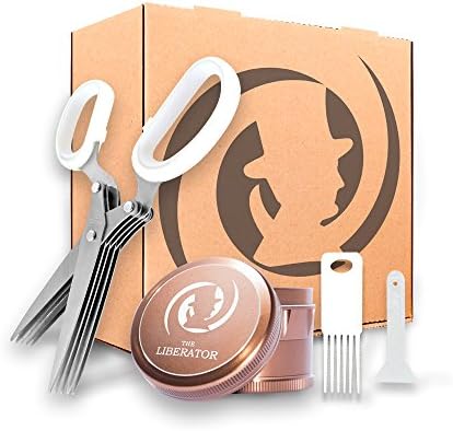 All You Need Set! - 4 piece 2.5 inch Large Herb Grinder with kief pollen catcher for herb tobacco and spices Mini Multi-Blade Herb Scissors for fresh herbs with a Cleaner and a Scrapper in a Gift Boxs