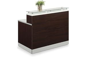 nbf signature series Esquire Modern Reception Desk - 48" W x 32" D Mahogany Laminate/Silver Laminate Front Desk with Glass Top and Checkout Counter Accents
