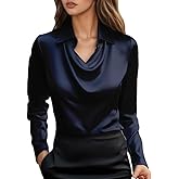 Women Elegant Silk Satin Blouses Collared Cowl Neck Long Sleeve Casual Business Work Office Top Casual Shirt