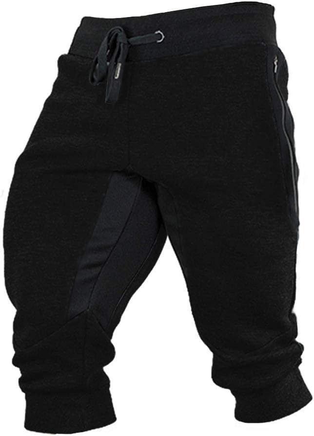 Men's Cotton Joggers Summer 3/4 Shorts Casual Workout Capri Pants Breathable with Elastic Waist Zipper Pockets