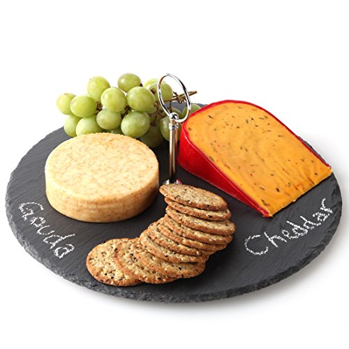 Lily's Home Rustic Slate Cheese Board with Carrying Handle and Chalk, Cheese Tray, 12 Inch Diameter.