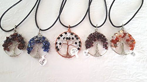 lot of Five tree of life pendants/ mahogany obsidian/lapis lazuli, rose quartz, garnet, black bead mix
