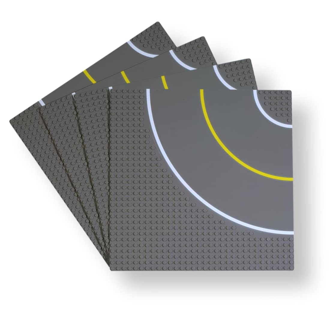 WANGE Classic Base Plate for Building Blocks. Compatible with all major brands. 25 x 25 cm, 32 x 32 points. 4 Curved Road Plates.