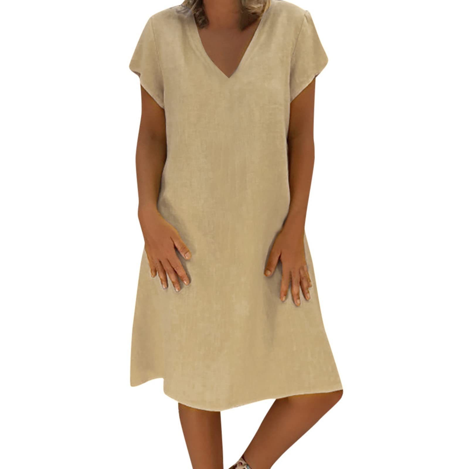 Women's Summer Cotton Linen Dress Loose V-Neck