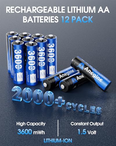 Anegine Rechargeable AA Batteries Lithium 12 Pack with Fast Charger,3600mWh 1.5V High Power AA Lithium ion Batteries,Constant Output Li-ion AA Batteries Cycle Times up to 2000+Cycle Times (Blue)