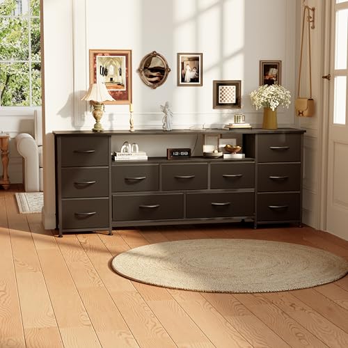 Vermess 63" W Dresser for Bedroom with Charging Station 11 Drawer Dressers & Chests of Drawers Dresser TV Stand for Bedroom for 65 70 75 Inch TV, Metal Frame & Fabric Drawers, Black