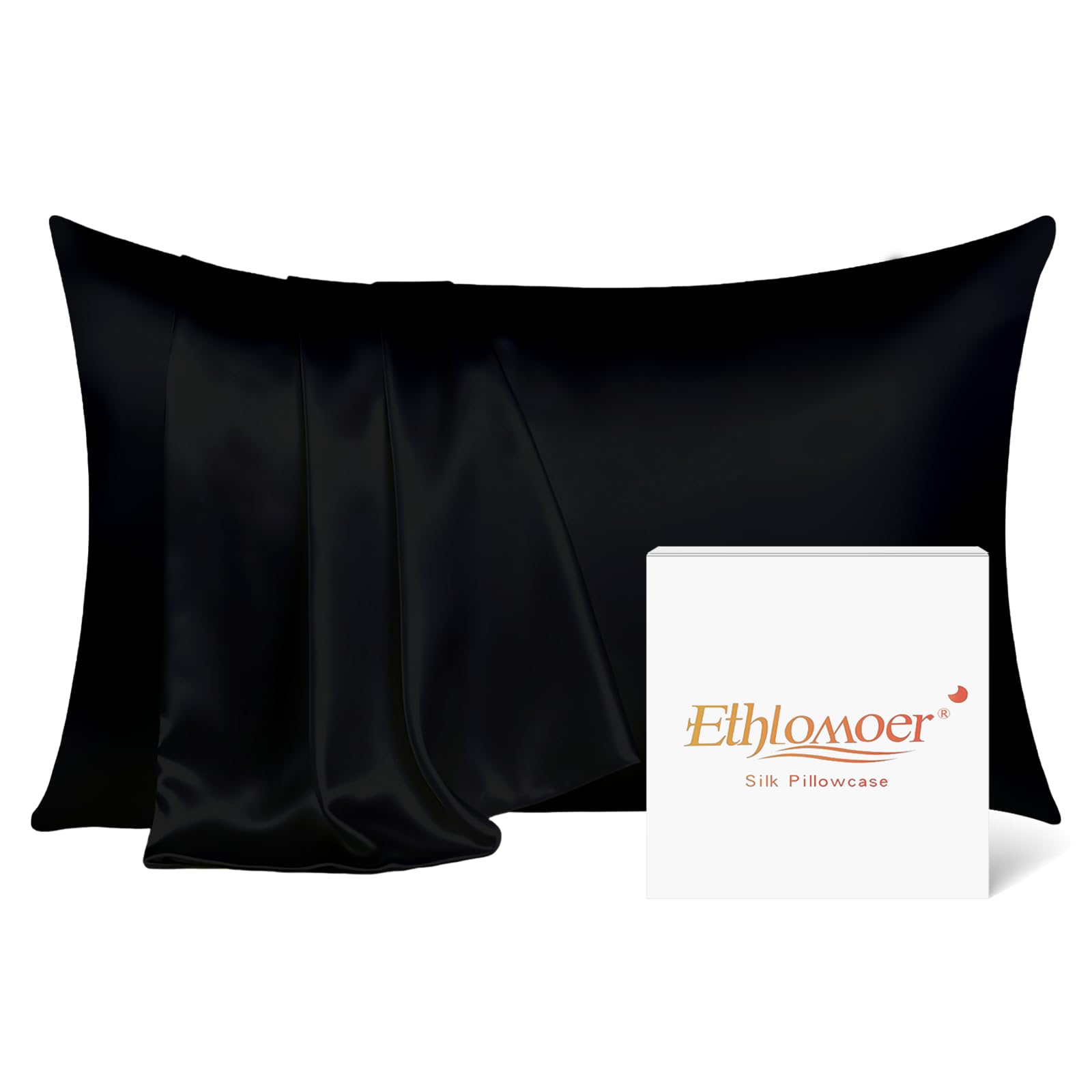Ethlomoer Natural Pure Silk Pillowcase for Hair and Skin, Both Side 19mm, Hypoallergenic, 600 Thread Count, Smooth Silk Pillow case with Hidden Zipper, Gifts for Women Men, 50x75 cm (Black)