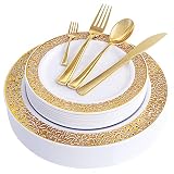 WDF 150PCS Gold Plastic Plates with Disposable Plastic Silverware,Lace Design Plastic Tableware sets include 25 Dinner Plates,25 Salad Plates,25 Forks, 25 Knives, 25 Spoons/Bonus 25 Mini Forks