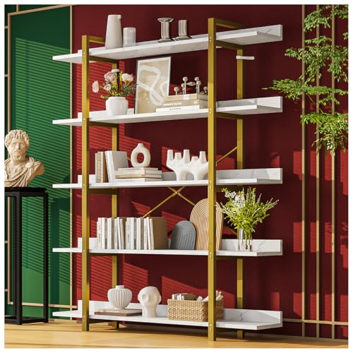 SIMPLE ESPACIO Librero 5 Nivele,Librero Organizador,para Sala/Estudio/Cocina,Estilo Contemporáneo,Estructura Madera y Metal, Tamaño: 170 * 120 * 24 CM, Cada Capa Puede soportar 15 KG. (Mármol+Blanco)