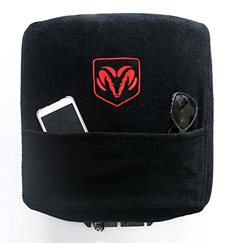 Seat Armour - Custom Fit BLACK Cotton Armrest Console Cover with Embroidered Licensed Logo for 2002-2016 Dodge Ram Models with Jump Seat, Third Seat or Bench