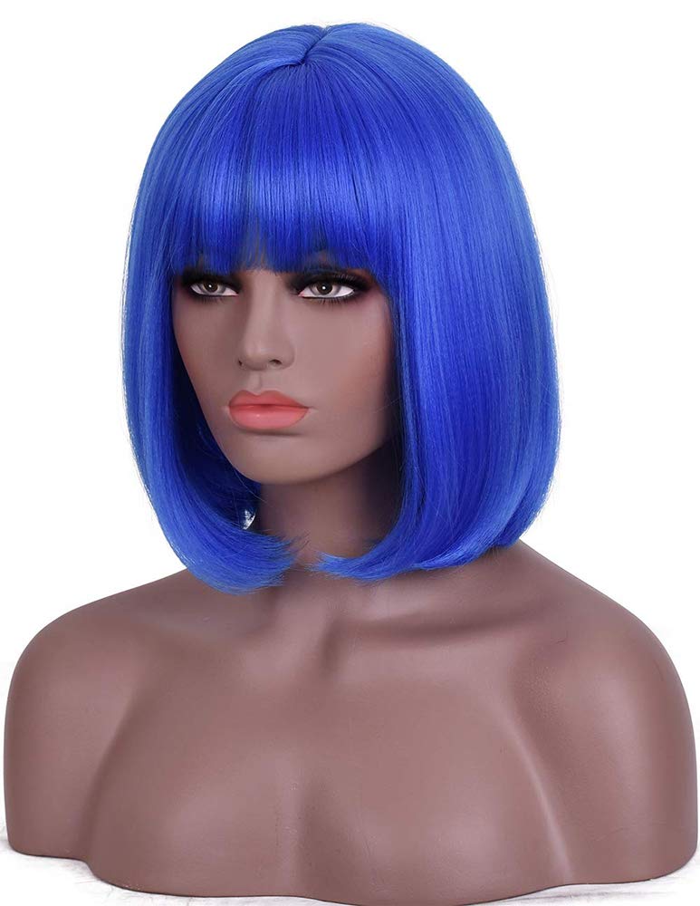 Blue Colored Short Bob Wig with Bangs for Women 12inch Synthetic Straight  Wigs with Bangs Halloween Cosplay Party Wig Natural As Real Hair (Blue)