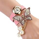 Bessky Women Faux Pearls Rhinestone Butterfly Bracelet Quartz Analog Watch