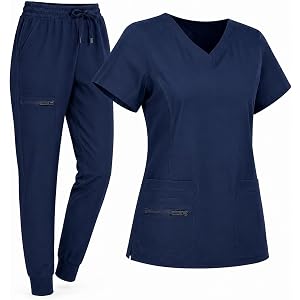 Premium Blu MEDBLU Scrubs Set For Women 2 Piece Medical Uniform with V-Neck Top & Jogger Scrub Pants For Women (S-2XL)