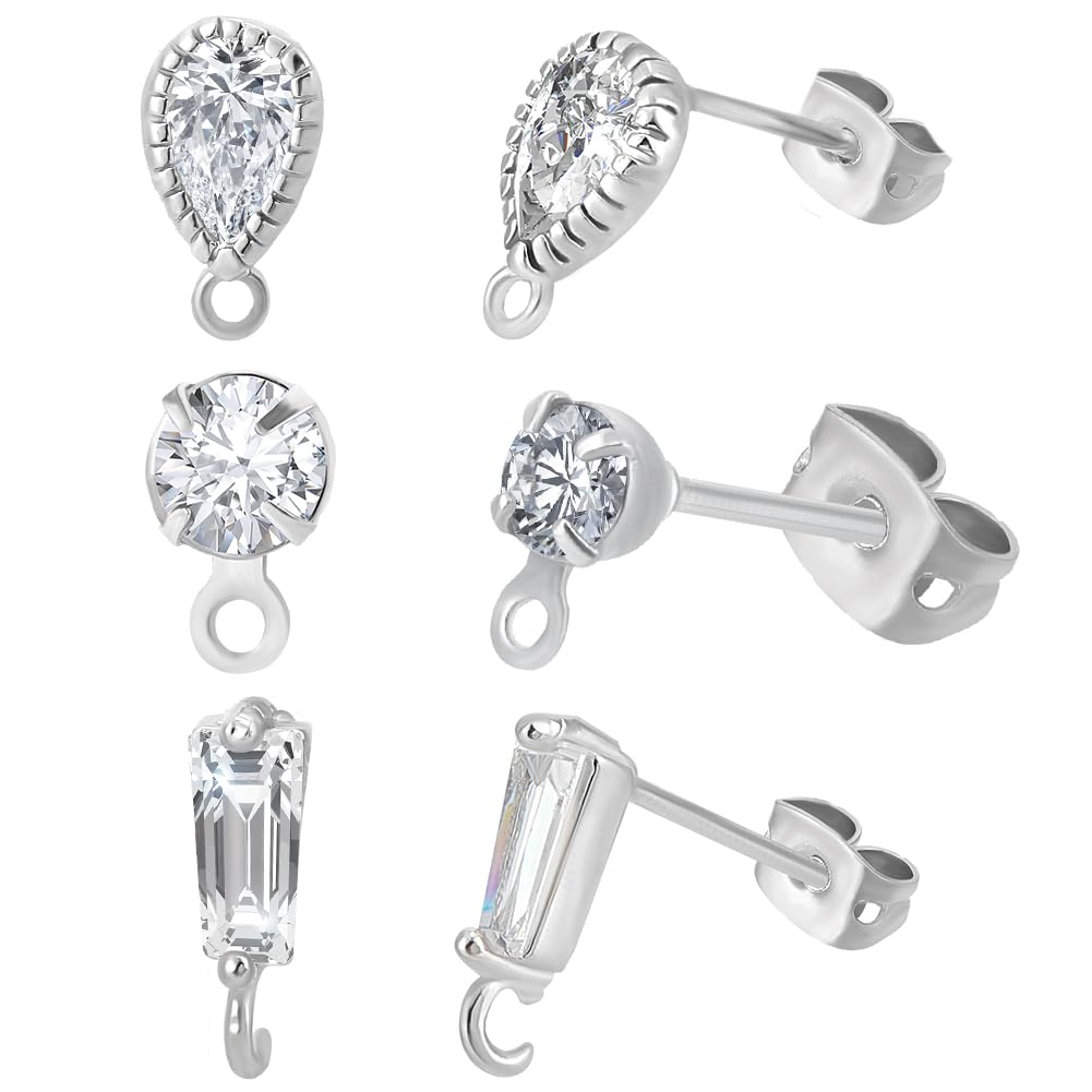 Beebeecraft 30Pcs Cubic Zirconia Earring Findings 3 Style Real Platinum Plated Round Teardrop Trapezoid Earring Post with Loop and Earring Back for Jewelry Making