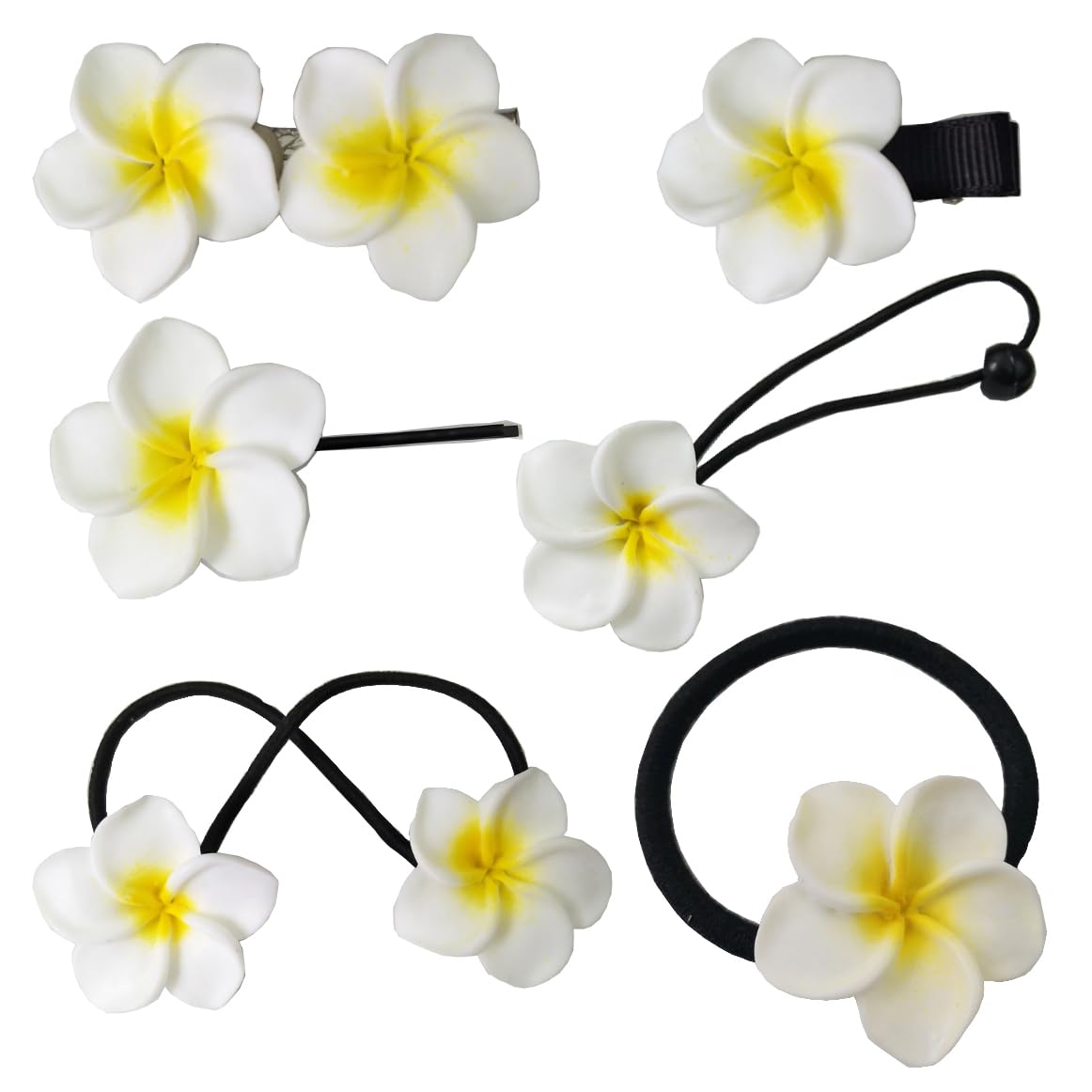 Set of 6PCS Girls Fashion Hawaiian White Plumeria Flower Foam Hair Clip Tie Rope Ring Floral Ponytail Holder Stylish Hair Barrettes for Wedding Beach Party Performance