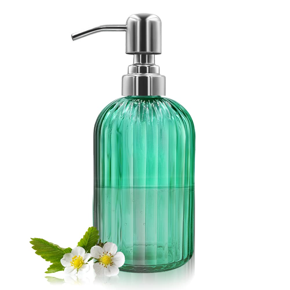 14 Oz Glass Soap Dispenser with 304 Rust Proof Stainless Steel Pump, Refillable Hand Liquid Soap Dispenser for Bathroom, Kitchen， Countertop, Laundry Room (Green)