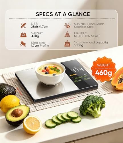 Smart Food Scale with Nutritional Calculator with 23 Nutrients Tracking&LED Display,Bluetooth Sync to Fitdays+ App,Stainless Steel,5KG Capacity,Calorie Counting for Calorie Control&Fitness Goal,Silver