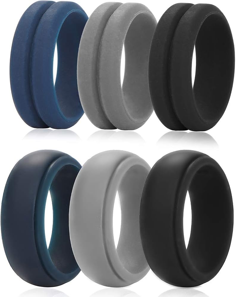 CASSIECA Silicone Rings for Men 6 Packs Silicone Rubber Wedding Bands