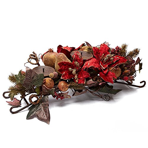 Artificial Fruit and Poinsettia Three Tier Candle Holder for Indoor Holiday Decor