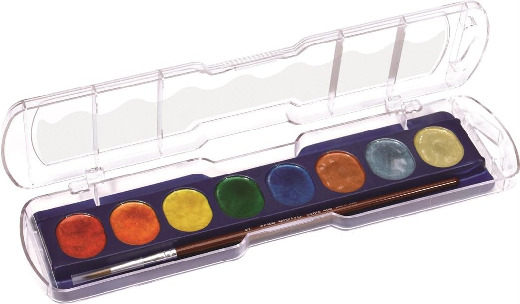 GIOTTO Aquarelli Metal 8 Watercolour Blocks, Includes 1 Brush, Assorted Colours, For Children, Party Bags & Schools