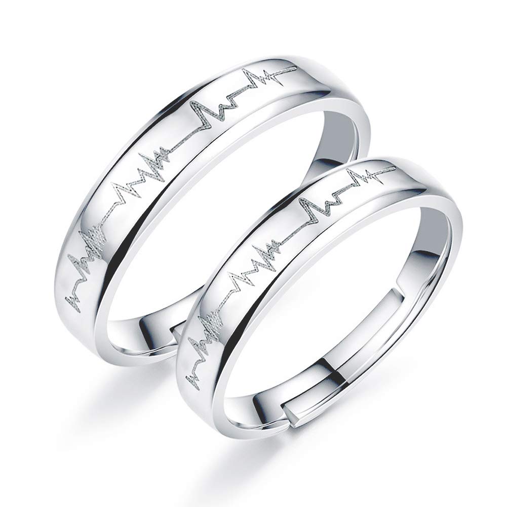 EQLEF Heartbeat Ring, 1 set Electrocardiogram Promise Rings Couples Open Adjusted Ring for Wedding Bands Engagement Rings
