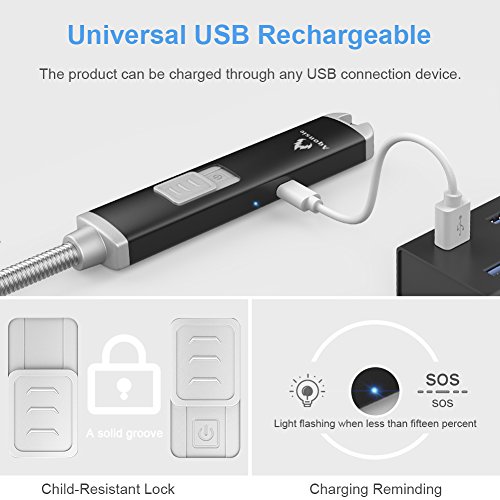 Electric Arc Atomic Candle Lighter USB Rechargeable Kitchen Lighters Long 360° Flexible Neck for BBQ Stovetop Camping Grilling Church Praying Worshipping (Black)