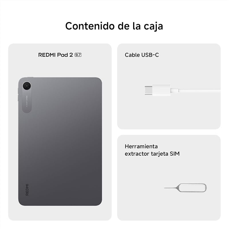 REDMI Pad 2, Tablet de 9,7" 4+64 GB, ecrã 2K 120 Hz, Snapdragon 6s Gen 2, bateria 7600 mAh, Cinzento Grafite, 4 anos de garantia. Carregador não incluído.