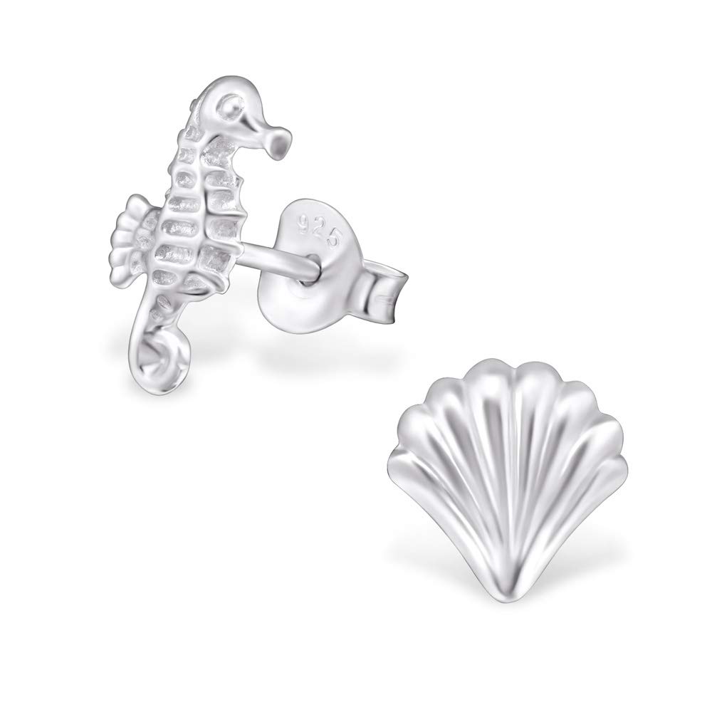 The Rose & Silver Company Women 925 Sterling Silver Shell And Seahorse Stud Earrings