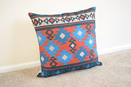 Red/Blue Kilim Aztec Tribal Printed Cotton Linen Cushion/Pillow Cover 18 x 18"