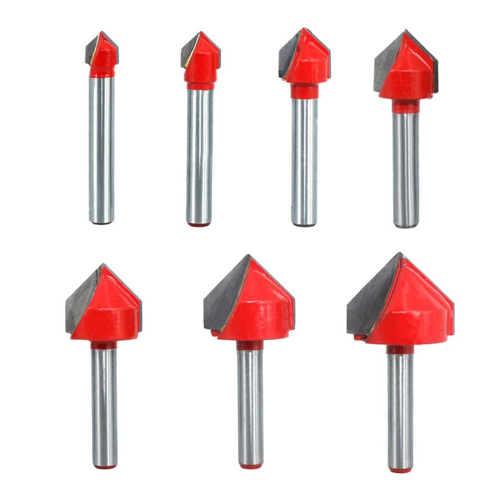 Saipor 7pcs 1/4-Inch Shank 90 Degree V Groove Router Bit CNC Engraving Router Bit Carbide Tipped V Grooving Bit Woodworking Milling Cutter Tools