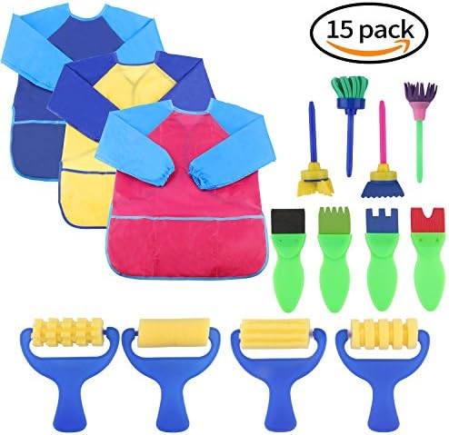 Cofisons 12 Pack Early Learning Mini Flower Sponge Painting Brushes Craft Brushes Set and 3 Pack Kids Art Smocks, Children Waterproof Artist Painting Aprons Long Sleeve with 3 Pockets for Kids