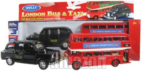 London Double Decker Red Bus and Black Taxi Models (Pull Back &amp; Go Action)Made of Die Cast Metal and Plastic Parts