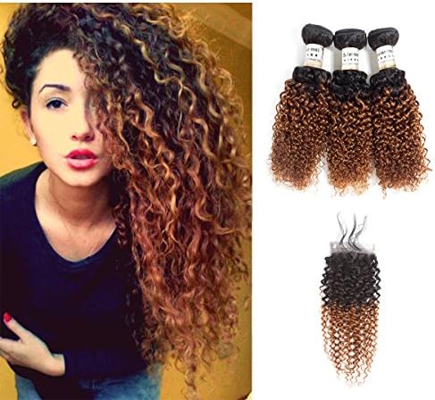 T1B/30 Auburn Brown Ombre Brazilian Kinky Curly Virgin Hair 3 Bundles with Lace Closure Blonde Brownish Orangeish Color Two Tone Ombre Curly Hair Weave Soft Bouncy (14 16 18 + closure14)