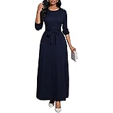 BubFee Women's Casual Long Sleeve Dresses Round Neck Maxi Dress Empire Waist Plus Size Flowy Long Dresses(Dark Blue,X-Large)