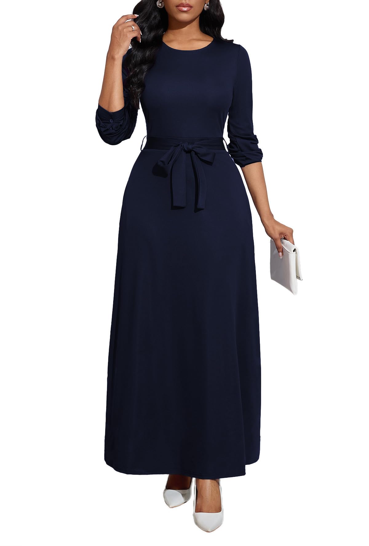 Photo 1 of BubFee Navy Blue Maxi Dress for Women Casual Long Sleeve High Waist Loose Long Dresses 2025 Spring with Pockets Large