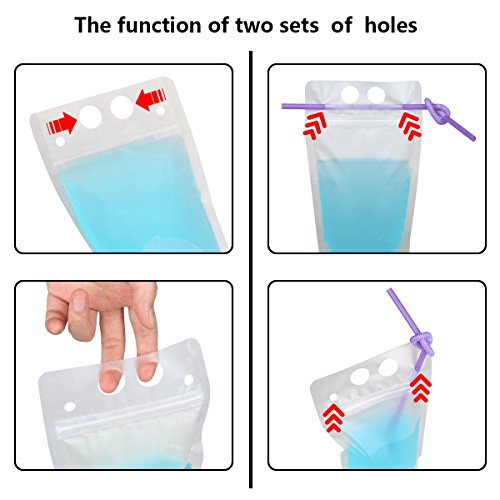 100 Pcs Zipper Plastic Pouches Drink Bags,Heavy Duty Hand-Held Translucent Frosted Reclosable Stand-up Bag 2.4" Bottom Gusset with 100pcs Straws & Funnel Included