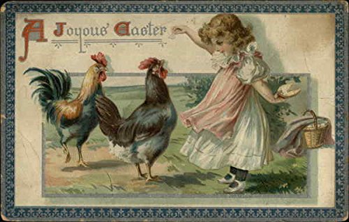 A Joyous Easter – Girl with Two Roosters With Children Original Vintage Postcard